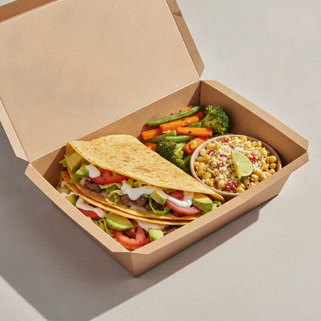 Quesadilla Box — Steak — Steamed Veggies / Street Corn Salad Quesadilla Box — Steak — Steamed Veggies / Street Corn Salad