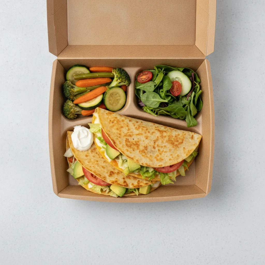 Quesadilla Box — Steak — Steamed Veggies / Green Salad Quesadilla Box — Steak — Steamed Veggies / Green Salad
