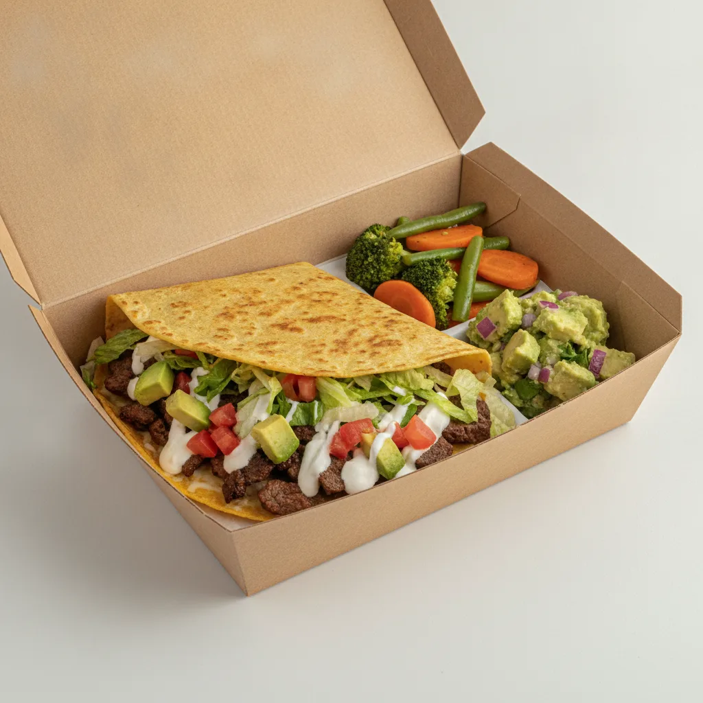 Quesadilla Box — Steak — Steamed Veggies / Avocado Salad Quesadilla Box — Steak — Steamed Veggies / Avocado Salad