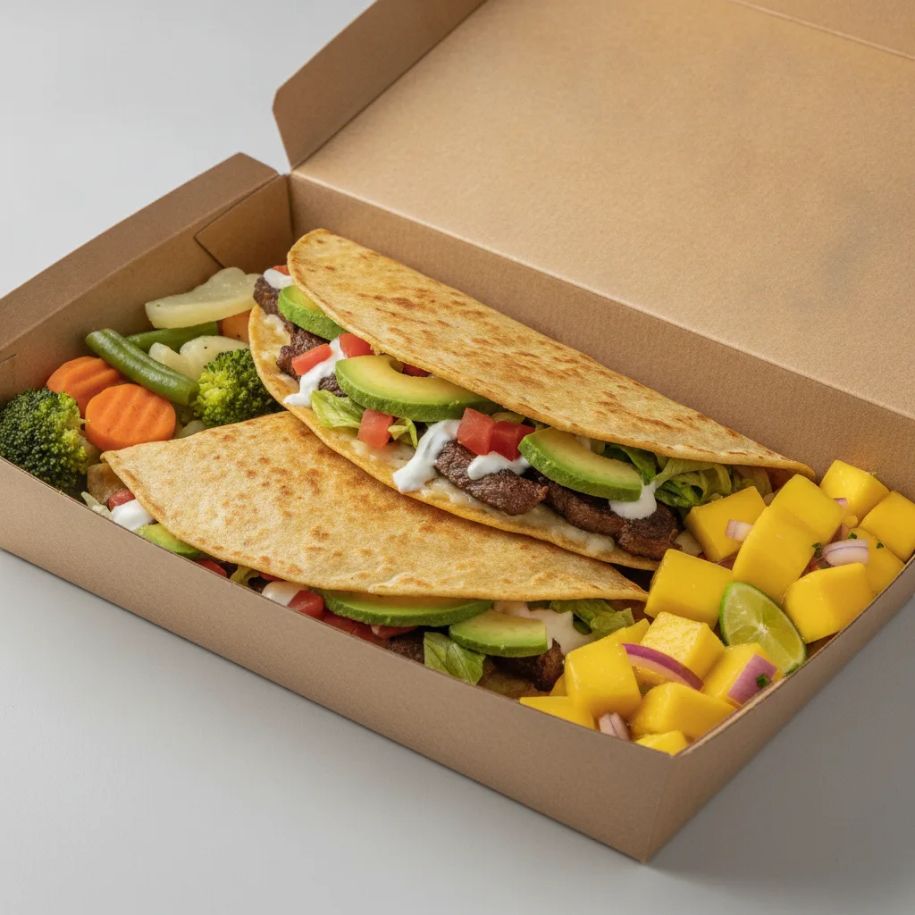 Quesadilla Box — Steak — Steamed Veggies / Mango Salad Quesadilla Box — Steak — Steamed Veggies / Mango Salad