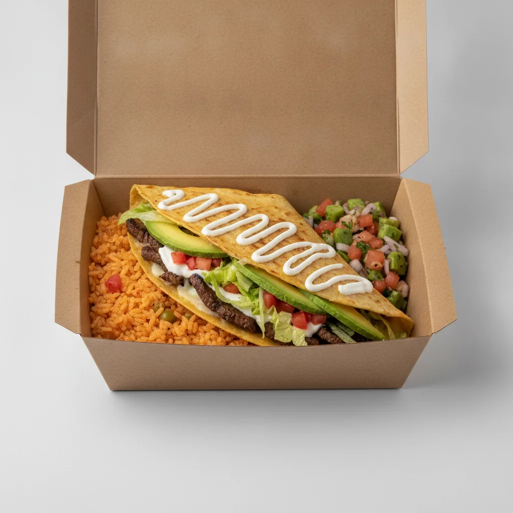 Quesadilla Box — Steak — Mexican Rice / Nopalitos Salad Quesadilla Box — Steak — Mexican Rice / Nopalitos Salad