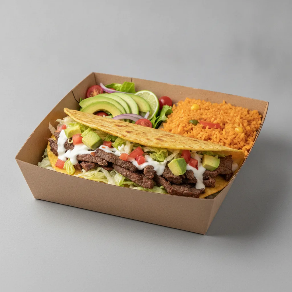 Quesadilla Box — Steak — Mexican Rice / Avocado Salad Quesadilla Box — Steak — Mexican Rice / Avocado Salad