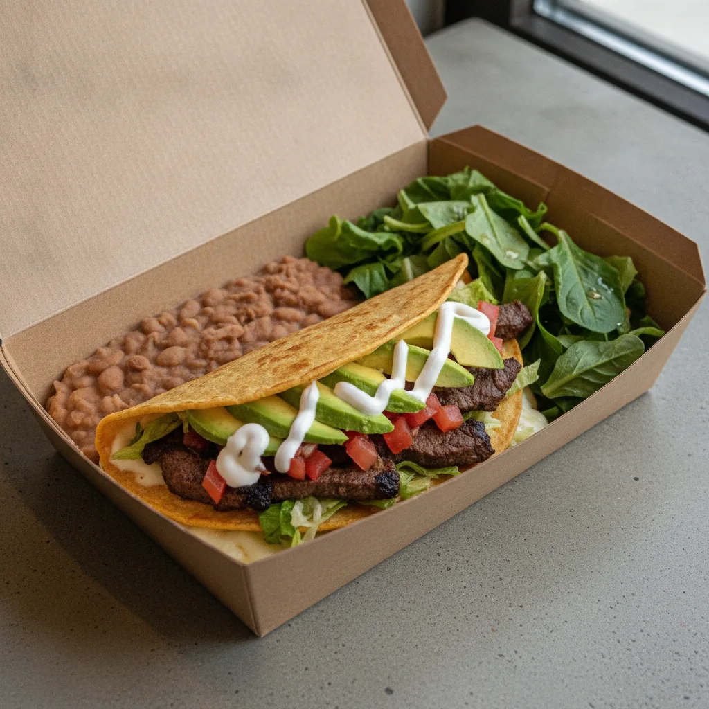Quesadilla Box — Steak — Pinto Beans / Green Salad Quesadilla Box — Steak — Pinto Beans / Green Salad