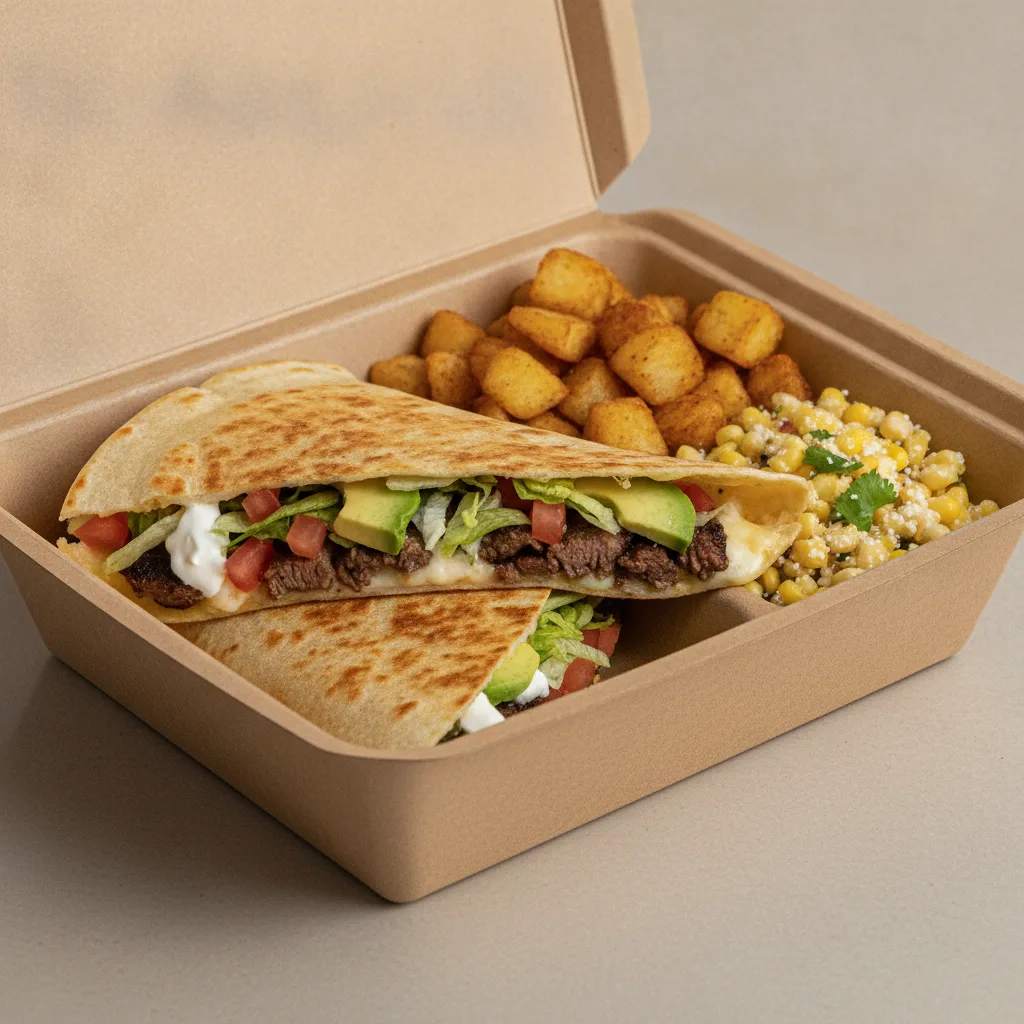 Quesadilla Box — Steak with Home Fries / Street Corn Salad Quesadilla Box — Steak with Home Fries / Street Corn Salad