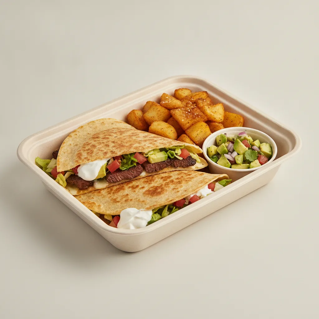 Quesadilla Box — Steak with Home Fries / Avocado Salad Quesadilla Box — Steak with Home Fries / Avocado Salad