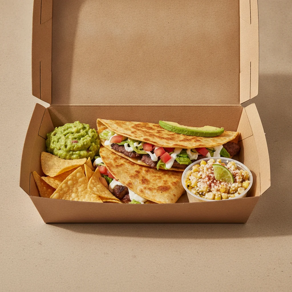 Quesadilla Box — Steak with Guacamole and Chips / Street Corn Salad Quesadilla Box — Steak with Guacamole and Chips / Street Corn Salad