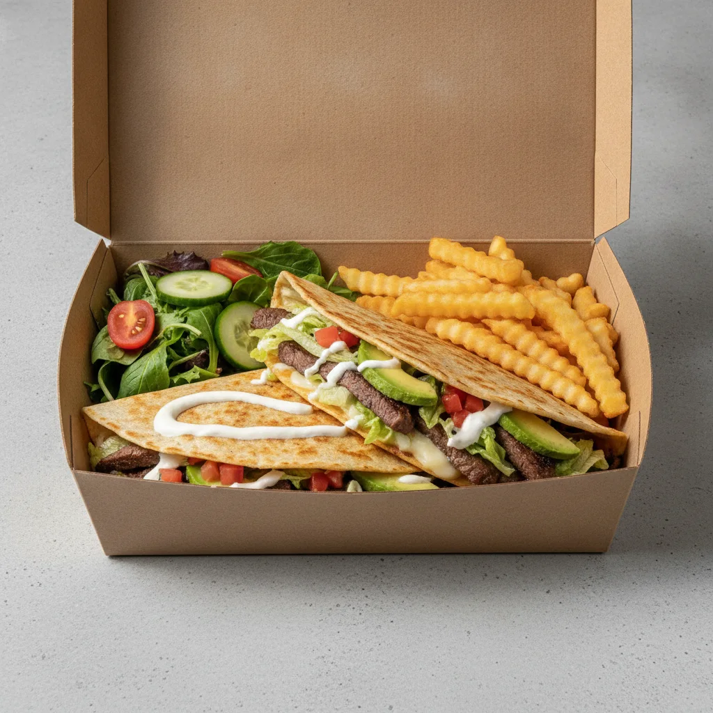 Quesadilla Box — Steak with French Fries / Green Salad Quesadilla Box — Steak with French Fries / Green Salad