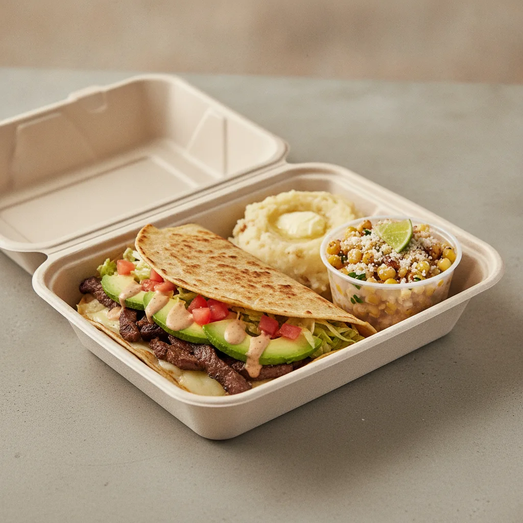 Quesadilla Box — Steak with Mashed Potato / Street Corn Salad Quesadilla Box — Steak with Mashed Potato / Street Corn Salad