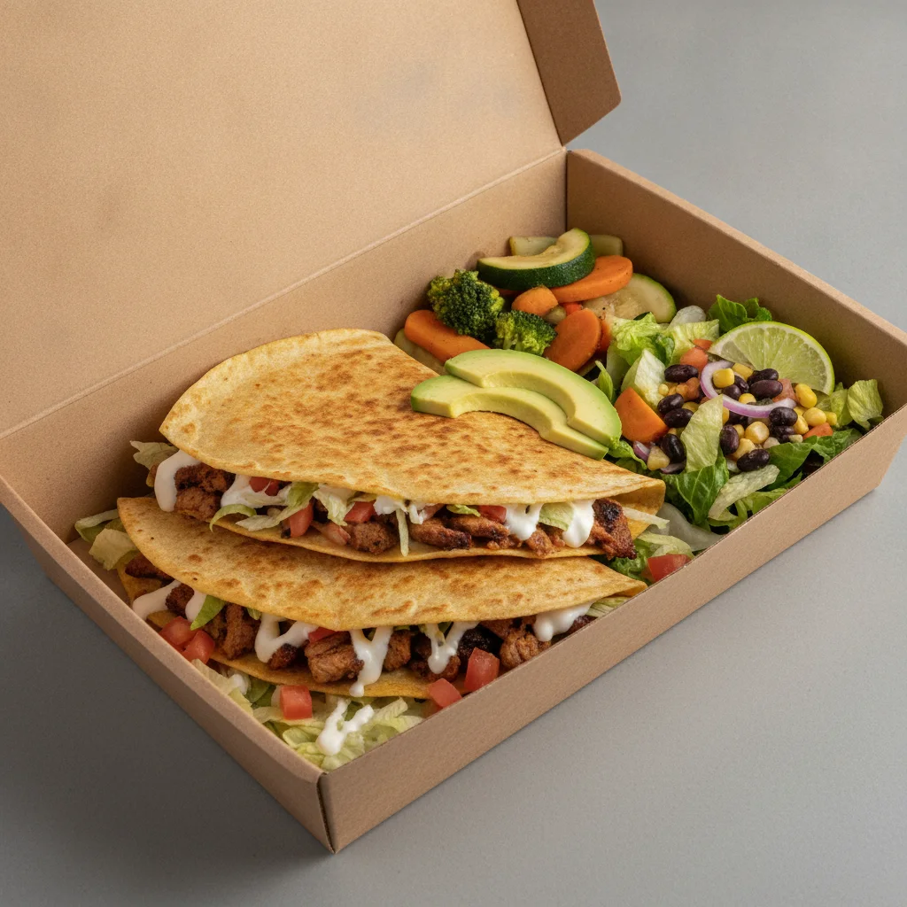 Quesadilla Box — Al Pastor — Steamed Veggies / Mexican Salad Quesadilla Box — Al Pastor — Steamed Veggies / Mexican Salad