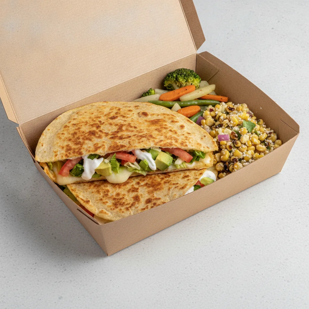 Quesadilla Box — Al Pastor — Steamed Veggies / Street Corn Salad Quesadilla Box — Al Pastor — Steamed Veggies / Street Corn Salad
