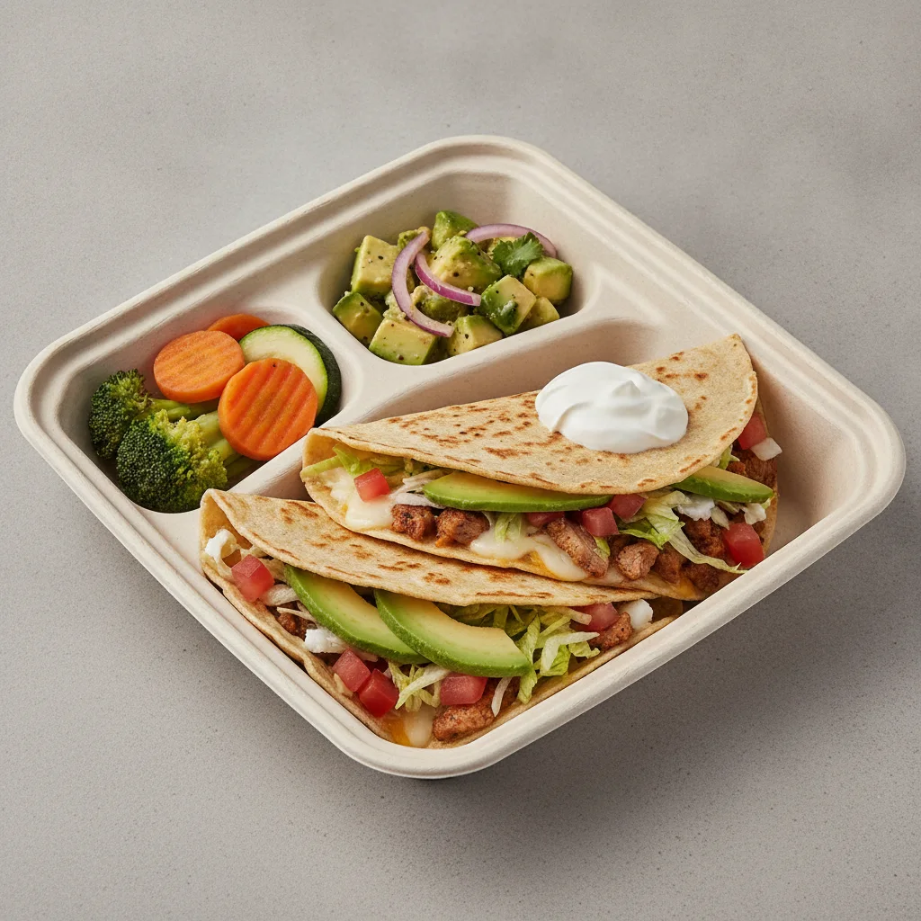 Quesadilla Box — Al Pastor — Steamed Veggies / Avocado Salad Quesadilla Box — Al Pastor — Steamed Veggies / Avocado Salad