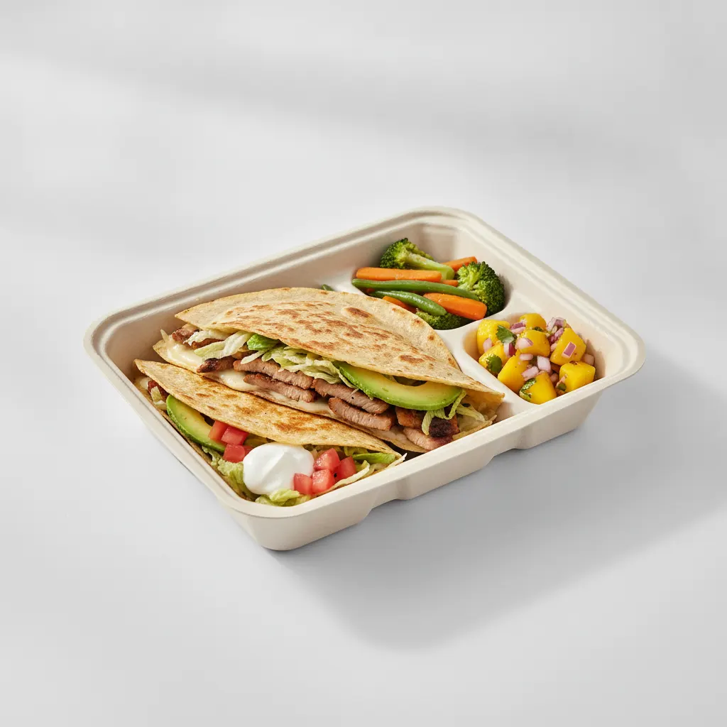 Quesadilla Box — Al Pastor — Steamed Veggies / Mango Salad Quesadilla Box — Al Pastor — Steamed Veggies / Mango Salad