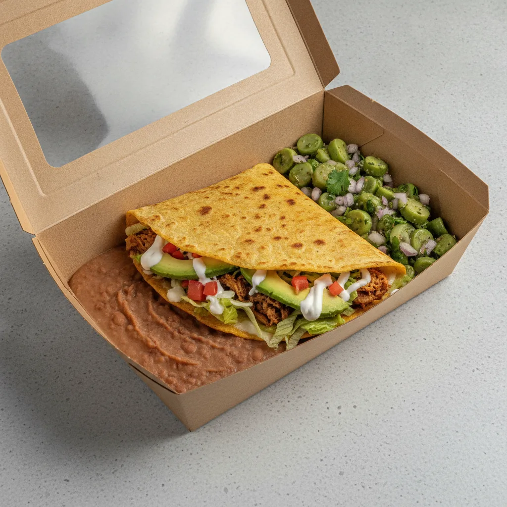 Quesadilla Box — Al Pastor with Refried Beans / Nopalitos Salad Quesadilla Box — Al Pastor with Refried Beans / Nopalitos Salad