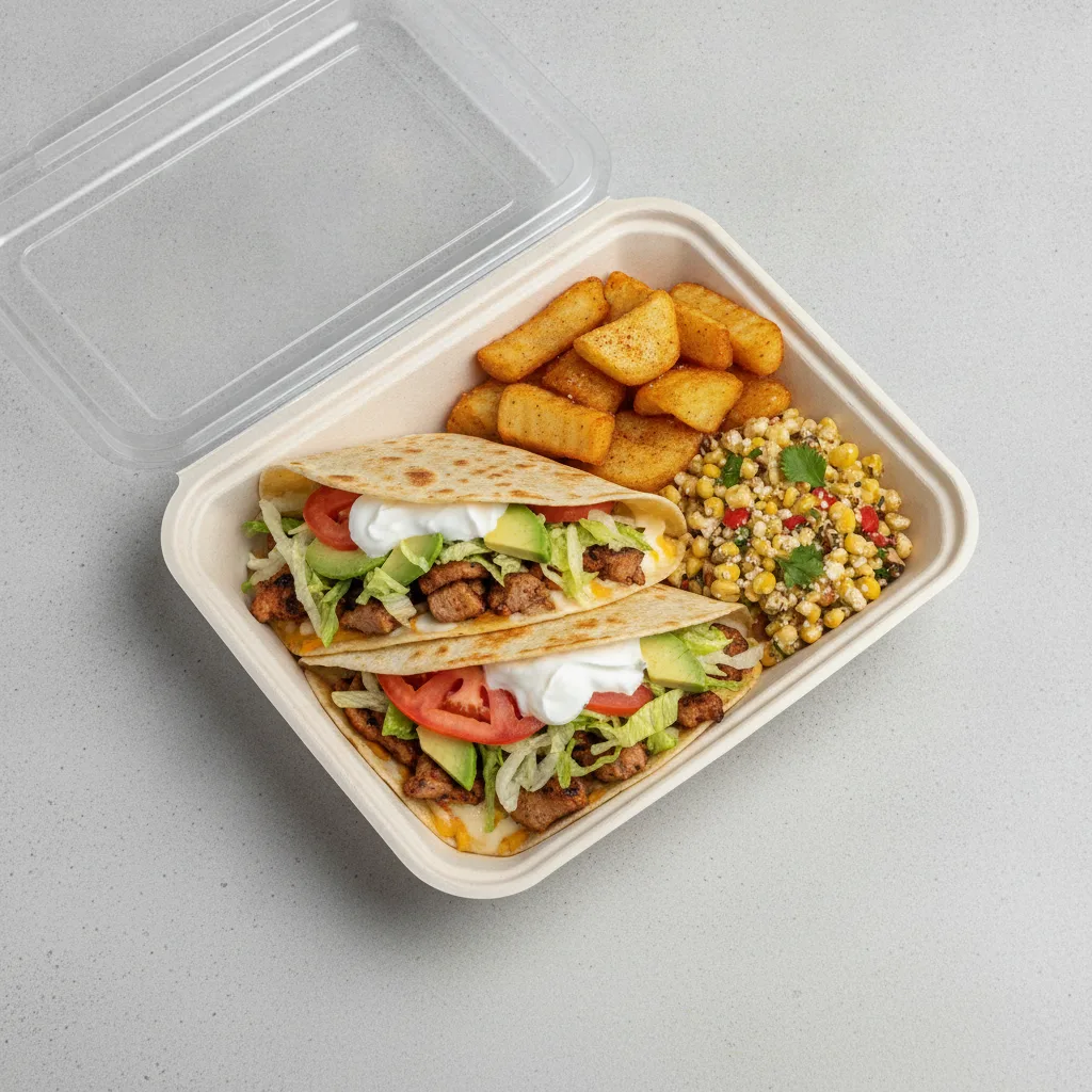 Quesadilla Box — Al Pastor with Home Fries / Street Corn Salad Quesadilla Box — Al Pastor with Home Fries / Street Corn Salad