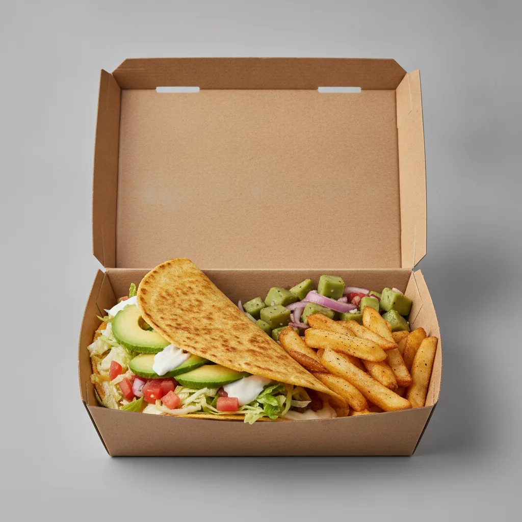 Quesadilla Box — Al Pastor with Home Fries / Nopalitos Salad Quesadilla Box — Al Pastor with Home Fries / Nopalitos Salad