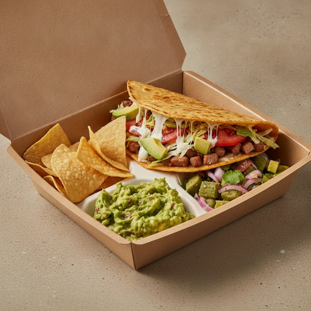 Quesadilla Box — Al Pastor with Guacamole and Chips / Nopalitos Salad Quesadilla Box — Al Pastor with Guacamole and Chips / Nopalitos Salad