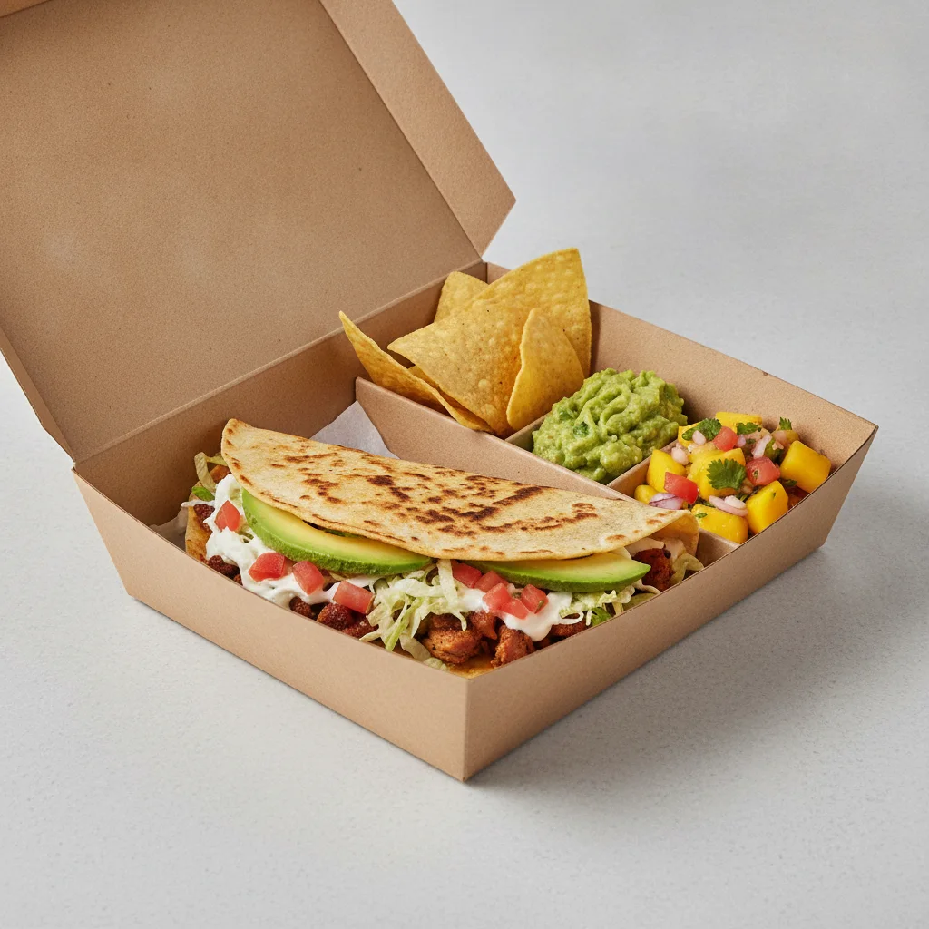 Quesadilla Box — Al Pastor with Guacamole and Chips / Mango Salad Quesadilla Box — Al Pastor with Guacamole and Chips / Mango Salad