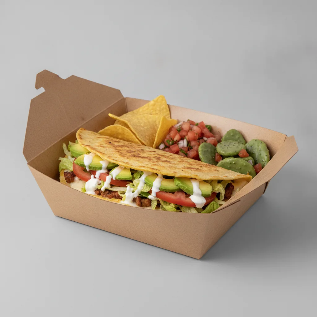 Quesadilla Box — Al Pastor with Pico and Chips / Nopalitos Salad Quesadilla Box — Al Pastor with Pico and Chips / Nopalitos Salad