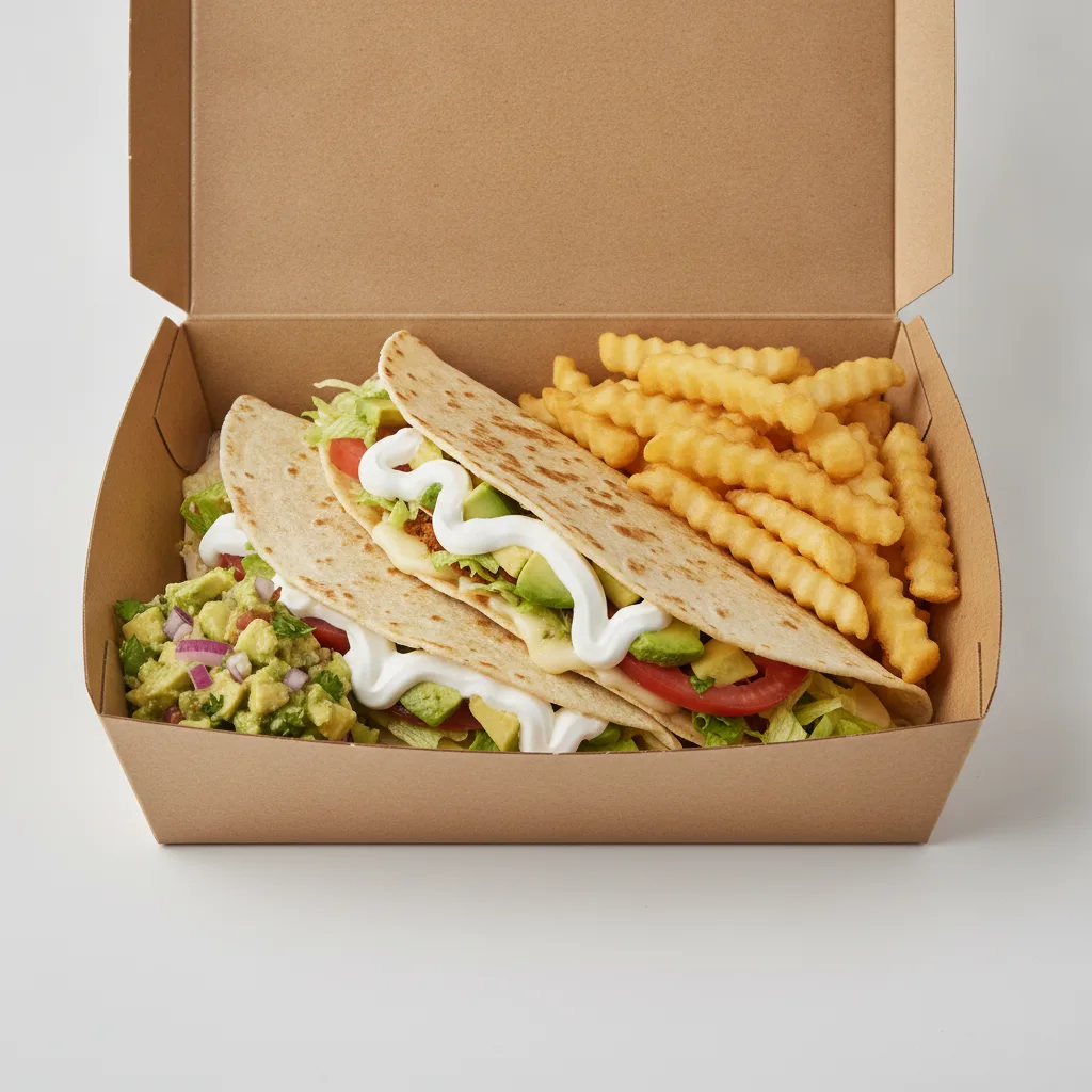 Quesadilla Box — Al Pastor with French Fries / Avocado Salad Quesadilla Box — Al Pastor with French Fries / Avocado Salad
