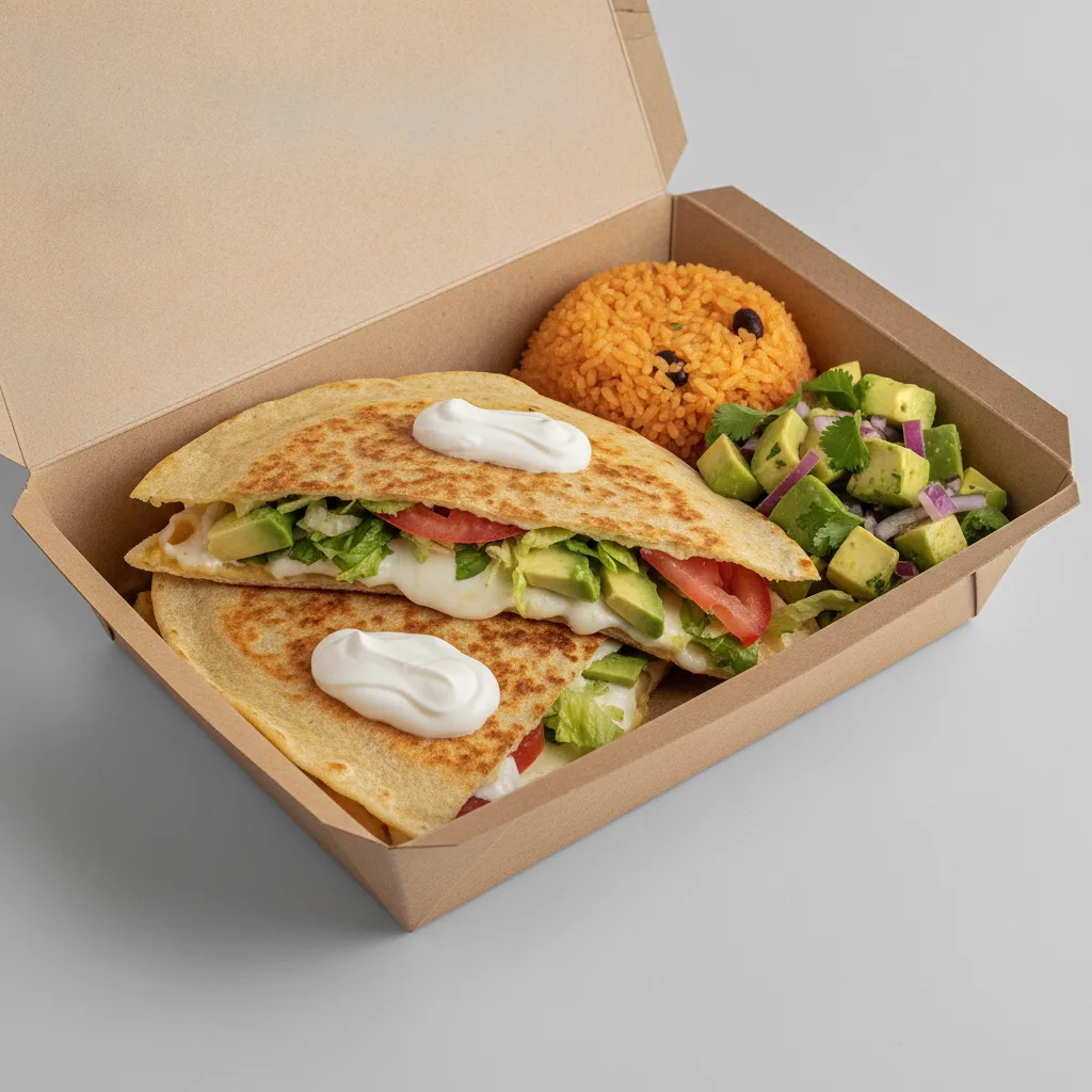 Quesadilla Box — Mix Veggies — Mexican Rice / Avocado Salad Quesadilla Box — Mix Veggies — Mexican Rice / Avocado Salad