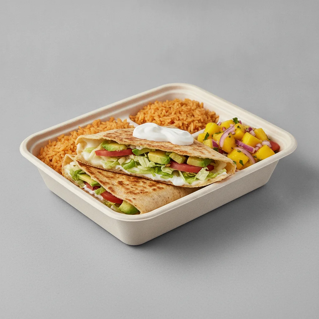 Quesadilla Box — Mix Veggies — Mexican Rice / Mango Salad Quesadilla Box — Mix Veggies — Mexican Rice / Mango Salad