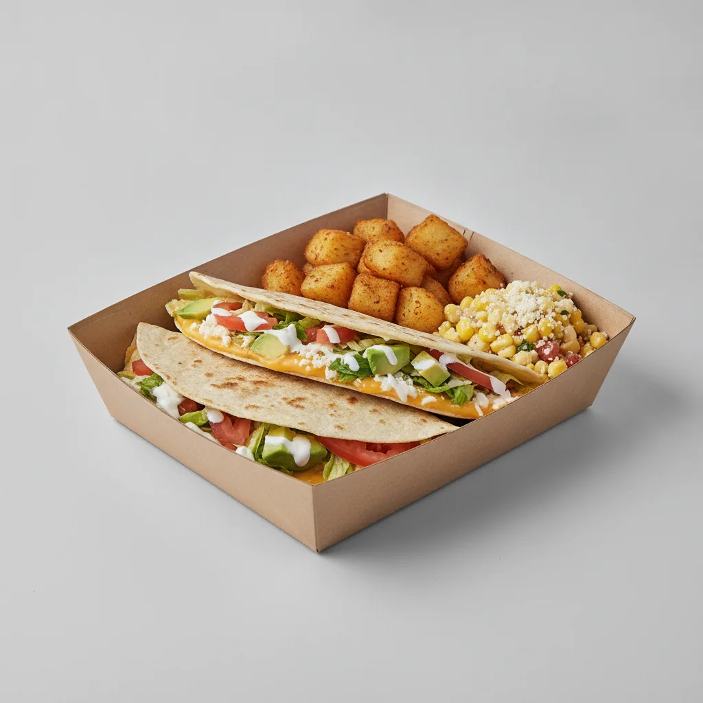 Quesadilla Box — Mix Veggies with Home Fries / Street Corn Salad Quesadilla Box — Mix Veggies with Home Fries / Street Corn Salad