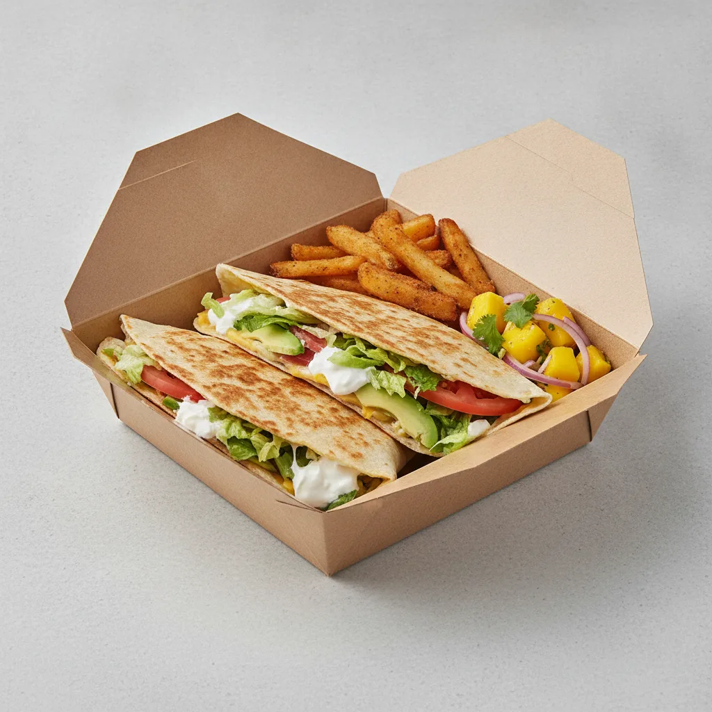 Quesadilla Box — Mix Veggies with Home Fries / Mango Salad Quesadilla Box — Mix Veggies with Home Fries / Mango Salad