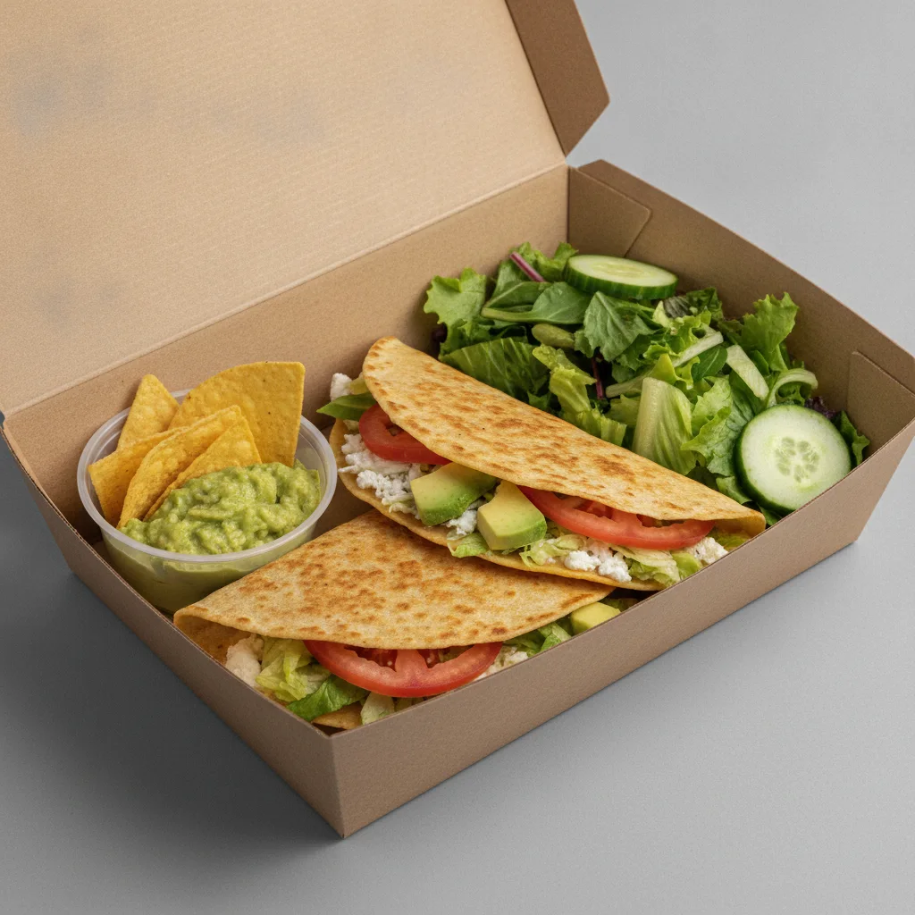 Quesadilla Box — Mix Veggies with Guacamole and Chips / Green Salad Quesadilla Box — Mix Veggies with Guacamole and Chips / Green Salad