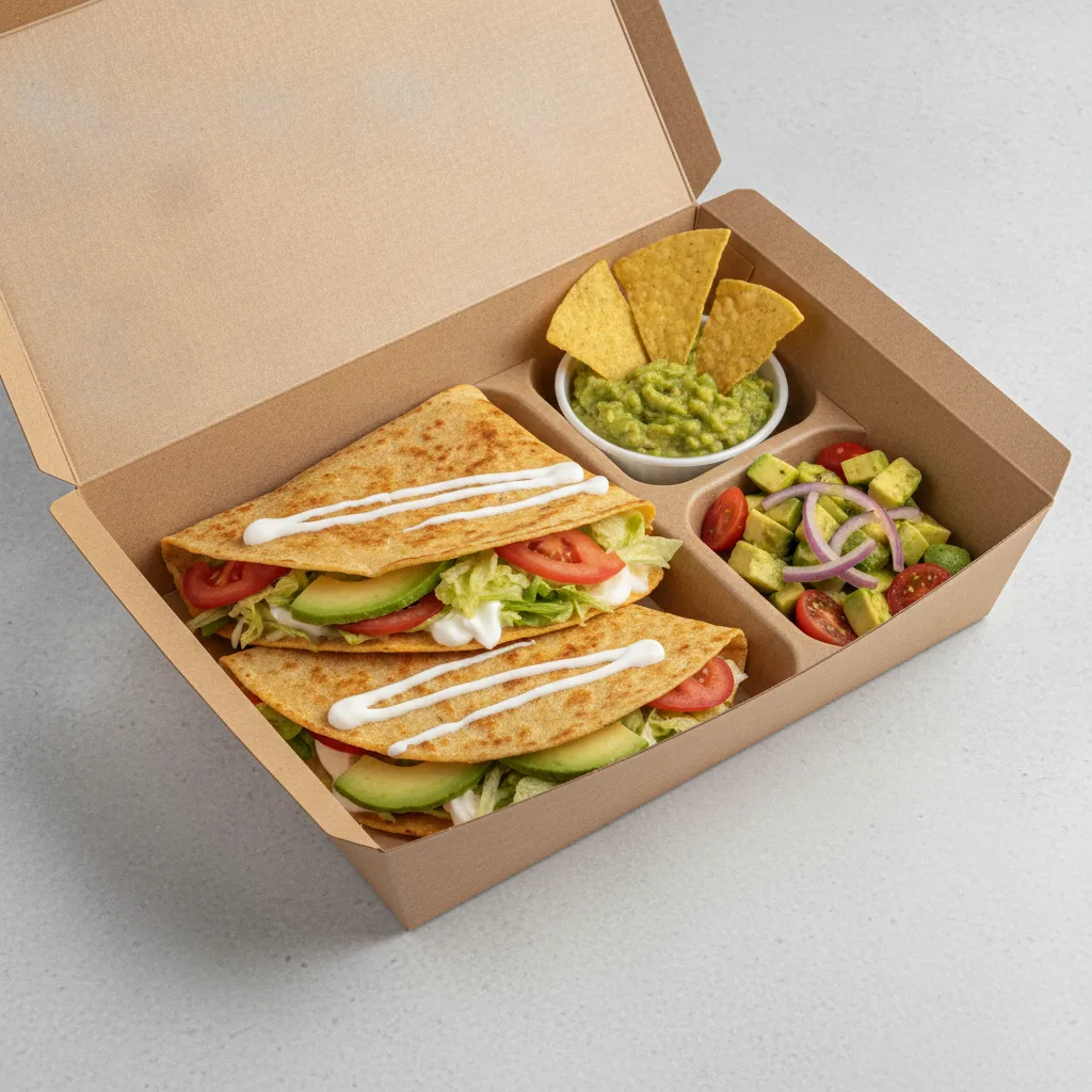 Quesadilla Box — Mix Veggies with Guacamole and Chips / Avocado Salad Quesadilla Box — Mix Veggies with Guacamole and Chips / Avocado Salad