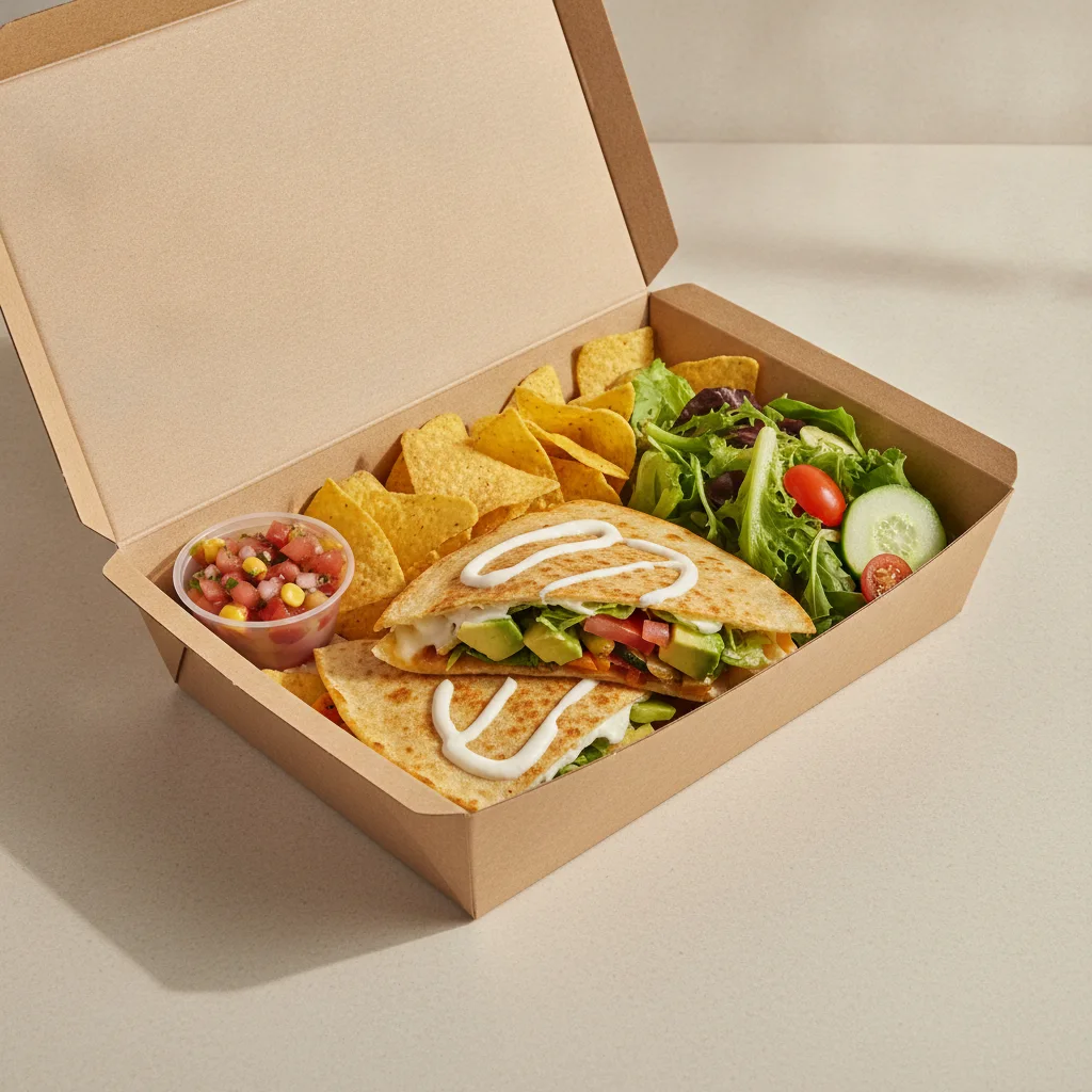 Quesadilla Box — Mix Veggies with Pico and Chips / Green Salad Quesadilla Box — Mix Veggies with Pico and Chips / Green Salad