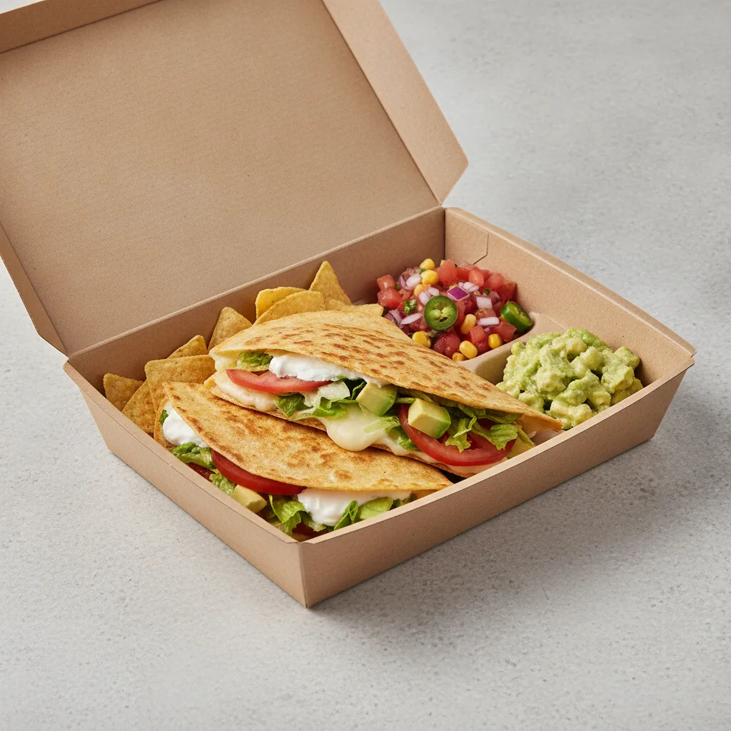 Quesadilla Box — Mix Veggies with Pico and Chips / Avocado Salad Quesadilla Box — Mix Veggies with Pico and Chips / Avocado Salad