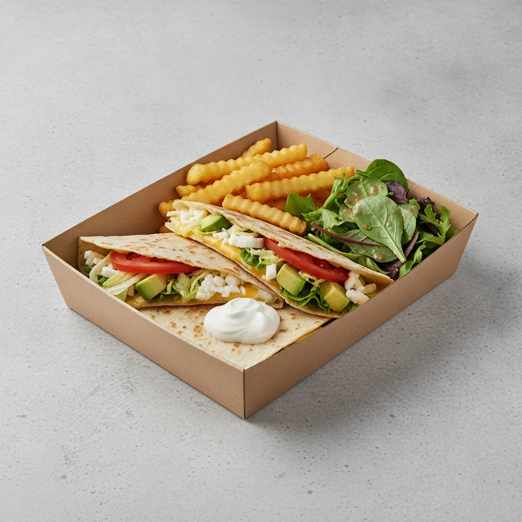 Quesadilla Box — Mix Veggies with French Fries / Green Salad Quesadilla Box — Mix Veggies with French Fries / Green Salad