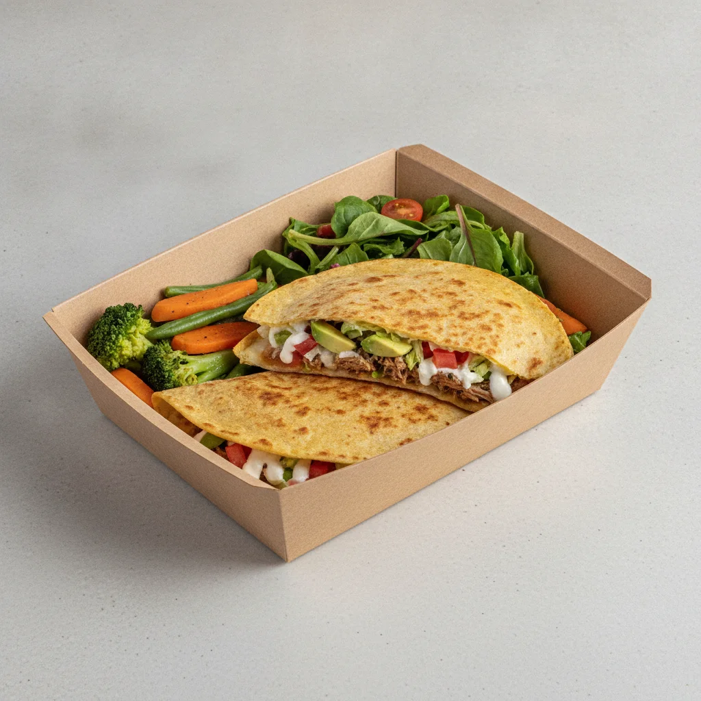 Quesadilla Box — Carnitas — Steamed Veggies / Green Salad Quesadilla Box — Carnitas — Steamed Veggies / Green Salad