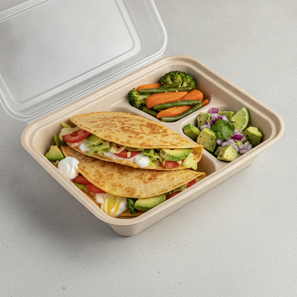 Quesadilla Box — Carnitas — Steamed Veggies / Avocado Salad Quesadilla Box — Carnitas — Steamed Veggies / Avocado Salad