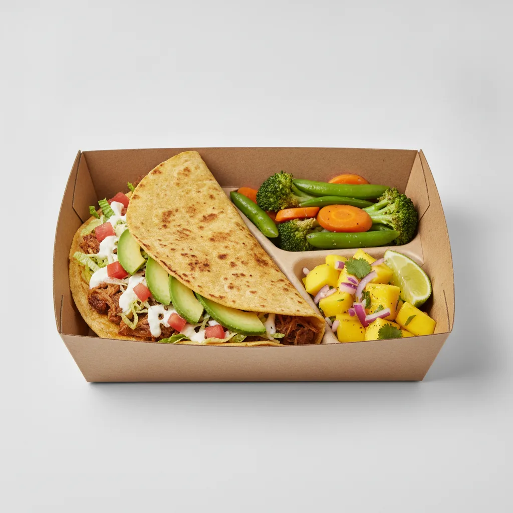 Quesadilla Box — Carnitas — Steamed Veggies / Mango Salad Quesadilla Box — Carnitas — Steamed Veggies / Mango Salad