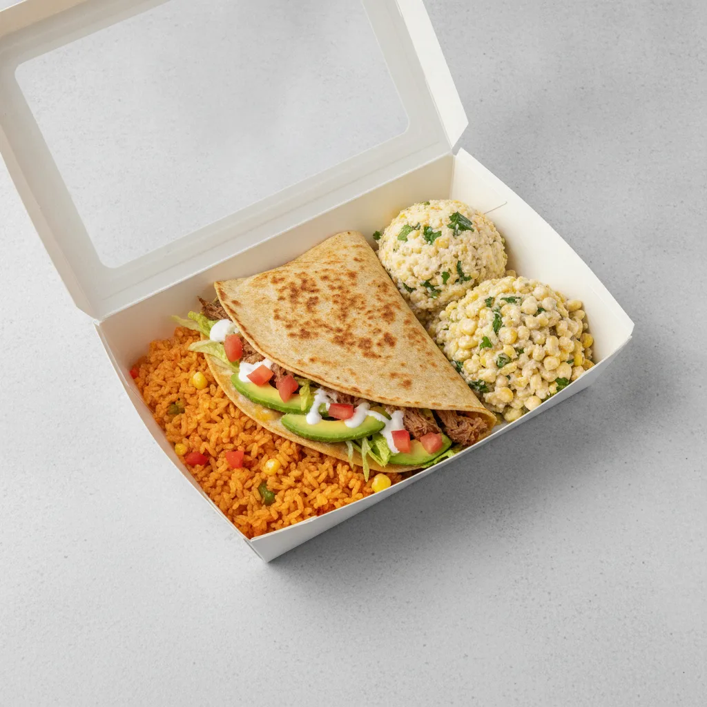 Quesadilla Box — Carnitas — Mexican Rice / Street Corn Salad Quesadilla Box — Carnitas — Mexican Rice / Street Corn Salad