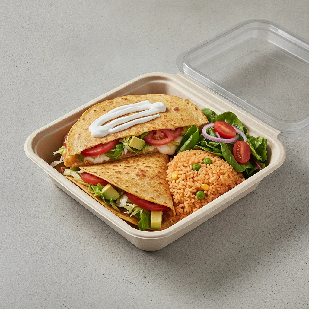Quesadilla Box — Carnitas — Mexican Rice / Green Salad Quesadilla Box — Carnitas — Mexican Rice / Green Salad