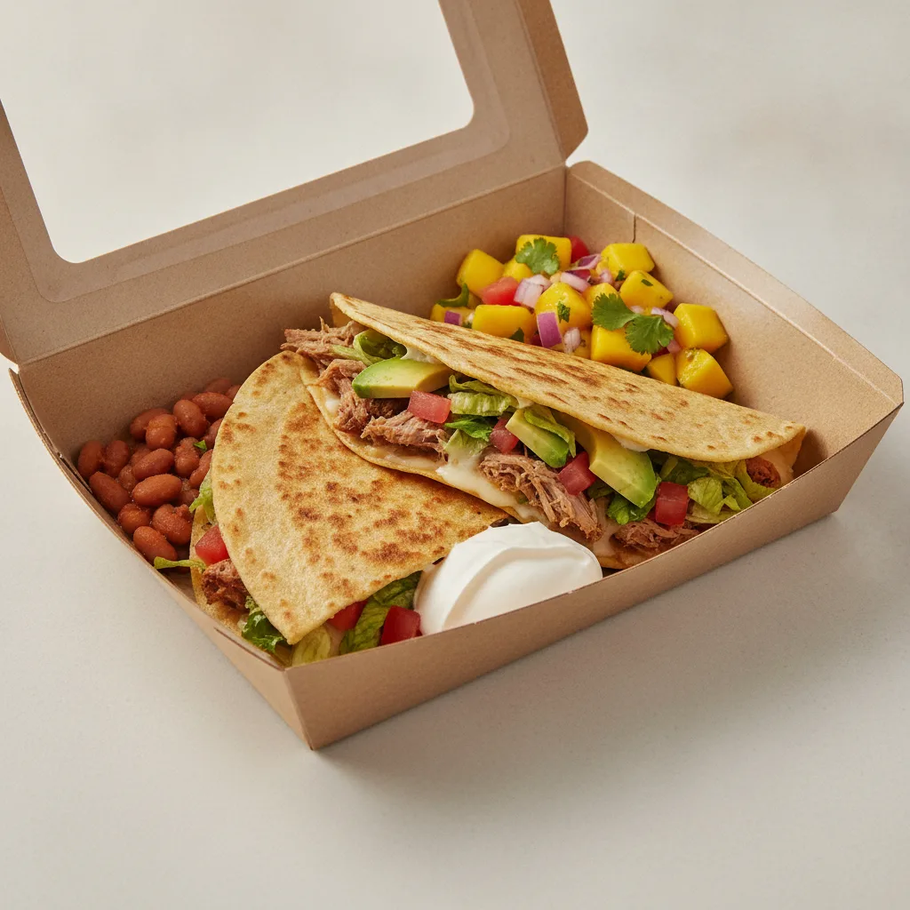Quesadilla Box — Carnitas — Pinto Beans / Mango Salad Quesadilla Box — Carnitas — Pinto Beans / Mango Salad