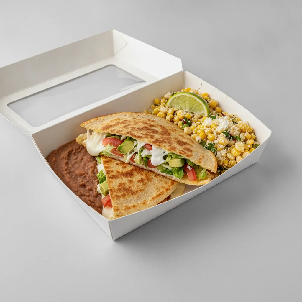 Quesadilla Box — Carnitas with Refried Beans / Street Corn Salad Quesadilla Box — Carnitas with Refried Beans / Street Corn Salad