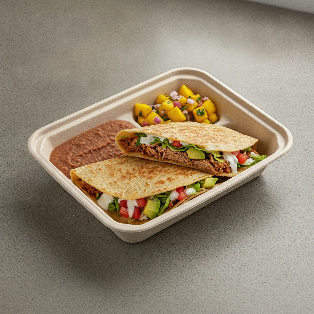Quesadilla Box — Carnitas with Refried Beans / Mango Salad Quesadilla Box — Carnitas with Refried Beans / Mango Salad