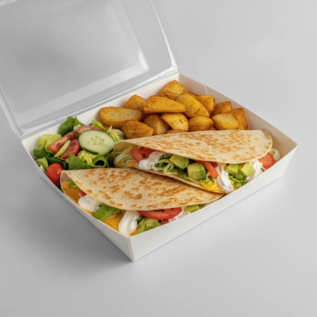Quesadilla Box — Carnitas with Home Fries / Mexican Salad Quesadilla Box — Carnitas with Home Fries / Mexican Salad