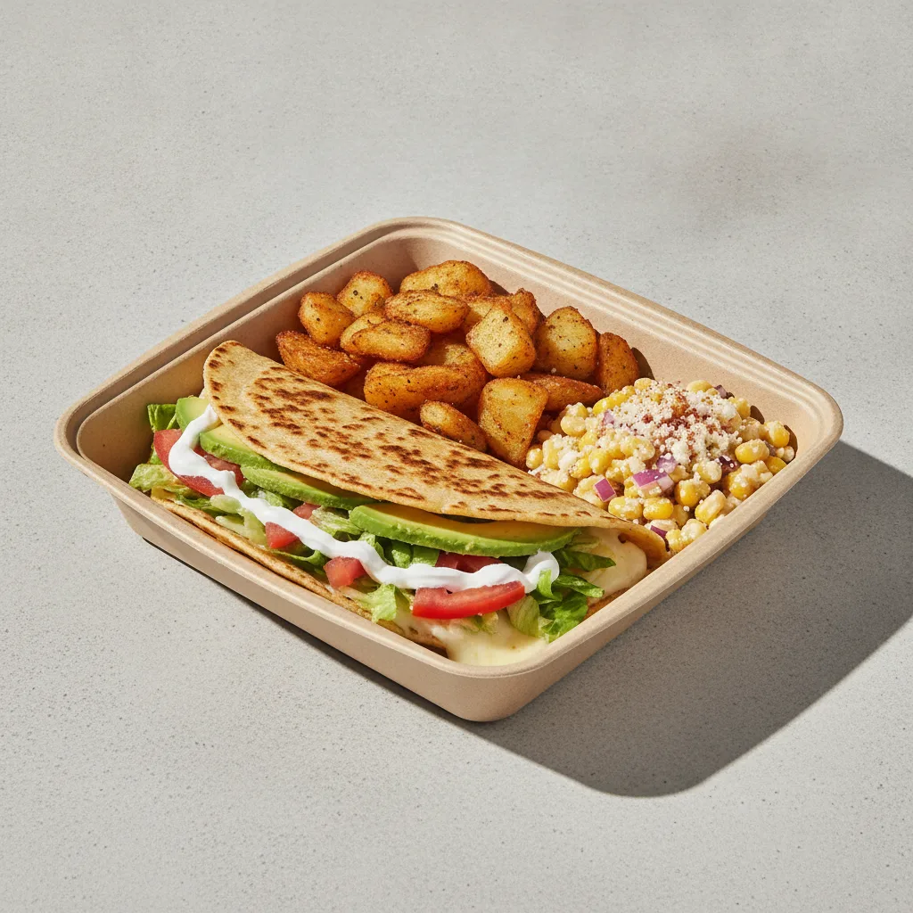 Quesadilla Box — Carnitas with Home Fries / Street Corn Salad Quesadilla Box — Carnitas with Home Fries / Street Corn Salad