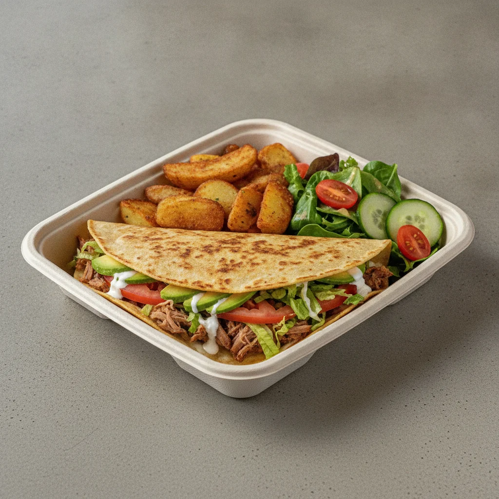 Quesadilla Box — Carnitas with Home Fries / Green Salad Quesadilla Box — Carnitas with Home Fries / Green Salad