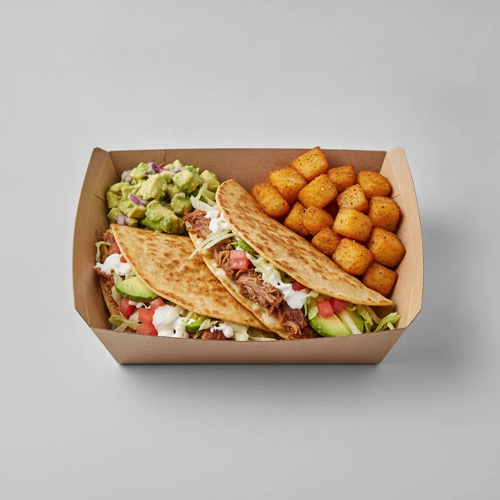 Quesadilla Box — Carnitas with Home Fries / Avocado Salad Quesadilla Box — Carnitas with Home Fries / Avocado Salad