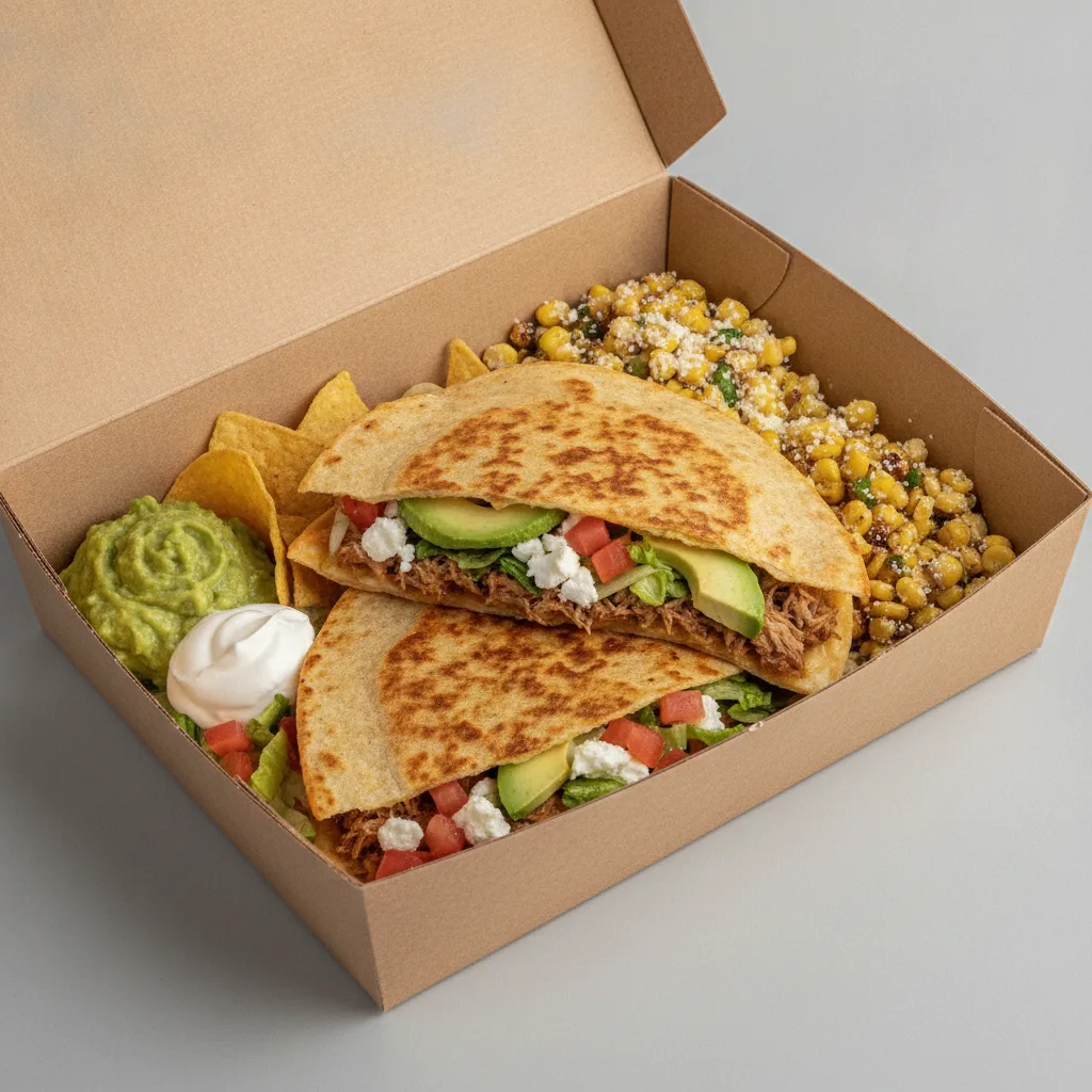 Quesadilla Box — Carnitas with Guacamole and Chips / Street Corn Salad Quesadilla Box — Carnitas with Guacamole and Chips / Street Corn Salad
