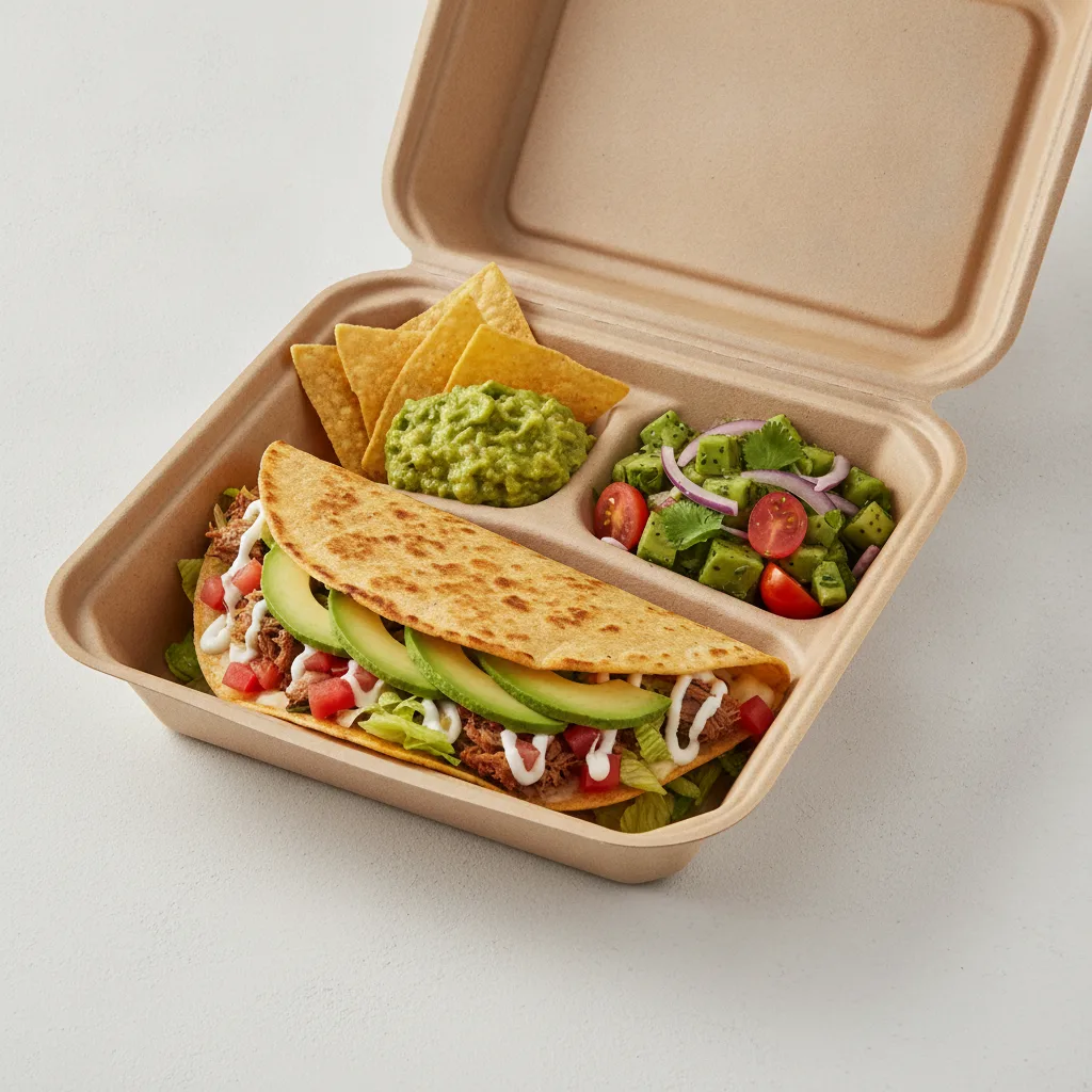 Quesadilla Box — Carnitas with Guacamole and Chips / Nopalitos Salad Quesadilla Box — Carnitas with Guacamole and Chips / Nopalitos Salad