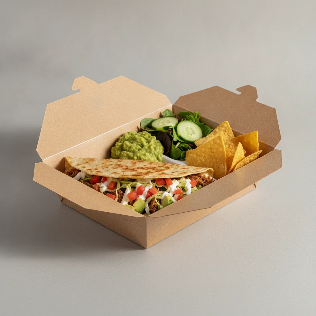 Quesadilla Box — Carnitas with Guacamole and Chips / Green Salad Quesadilla Box — Carnitas with Guacamole and Chips / Green Salad