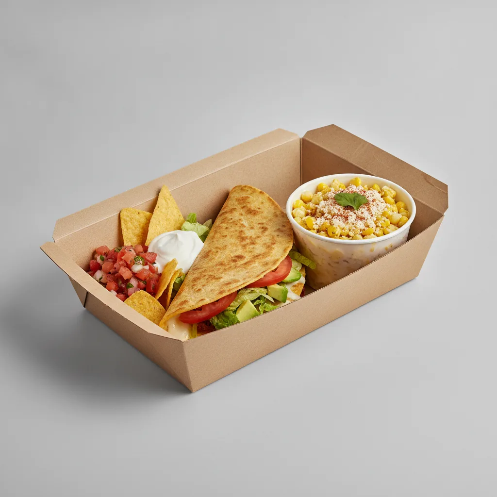 Quesadilla Box — Carnitas with Pico and Chips / Street Corn Salad Quesadilla Box — Carnitas with Pico and Chips / Street Corn Salad