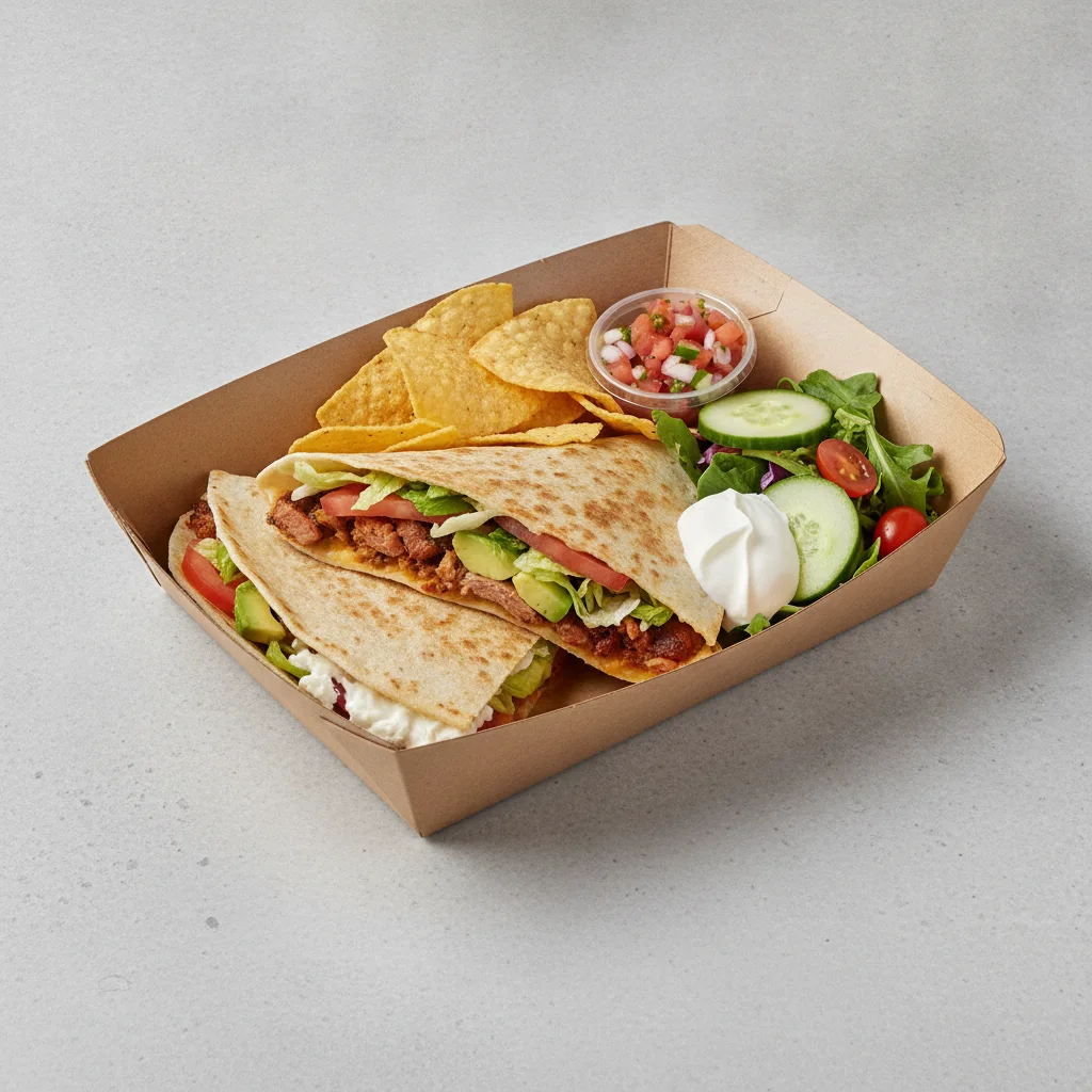 Quesadilla Box — Carnitas with Pico and Chips / Green Salad Quesadilla Box — Carnitas with Pico and Chips / Green Salad