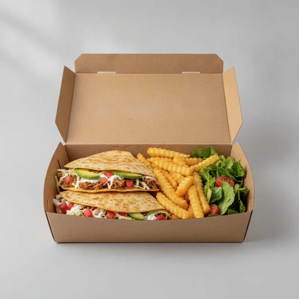 Quesadilla Box — Carnitas with French Fries / Green Salad Quesadilla Box — Carnitas with French Fries / Green Salad